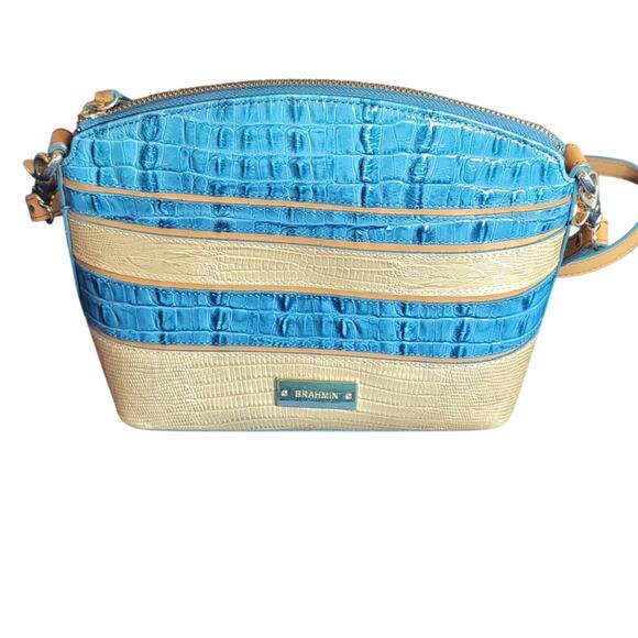 Brahmin Mini Duxbury Shoulder Bag in Surf Vineyard Blue & Tan Leather - Picture 1 of 10